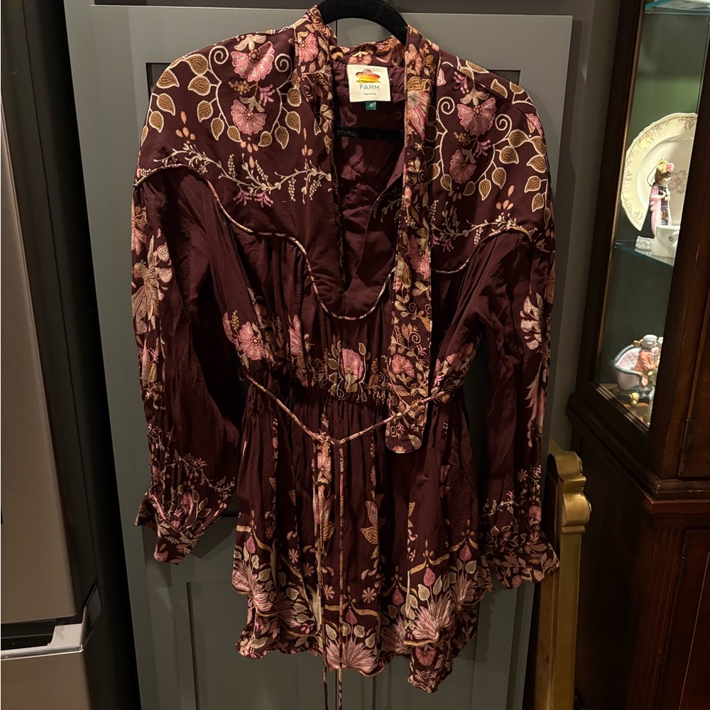 FARM Rio Maroon Floral Mini Dress with Pink and Gold Embroidery - M - Picture 3 of 5
